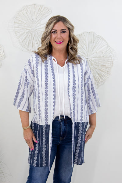 White & Navy Print Open Kimono