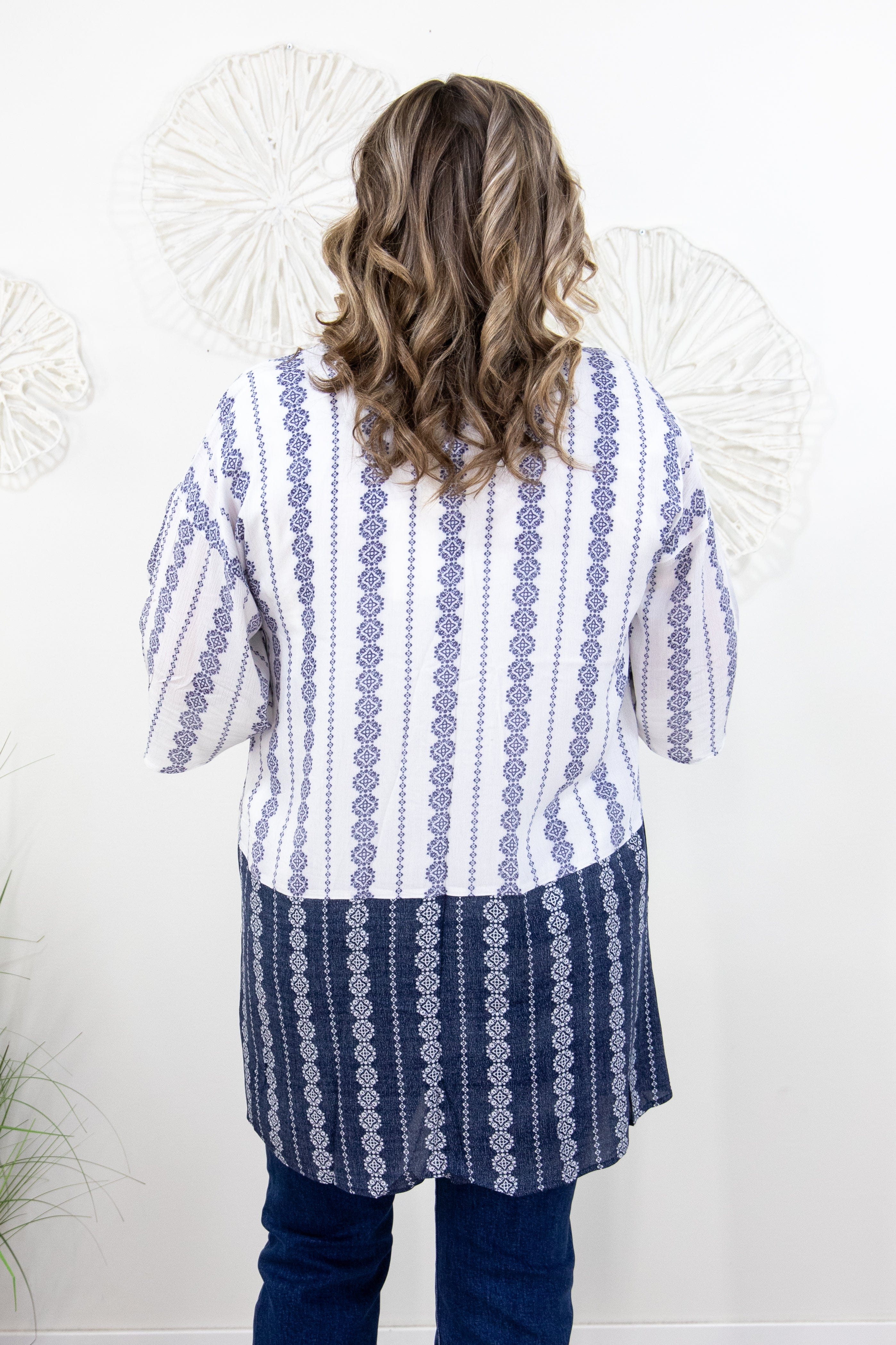 White & Navy Print Open Kimono Back