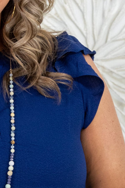 Navy Ruffle Sleeve Blouse Details