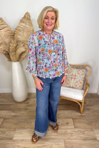Seafoam & Floral Ruffle Sleeve Blouse