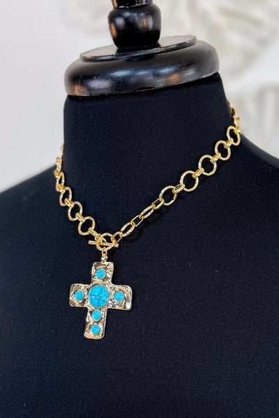 Gold Hammered Turquoise Stone Cross Toggle Necklace
