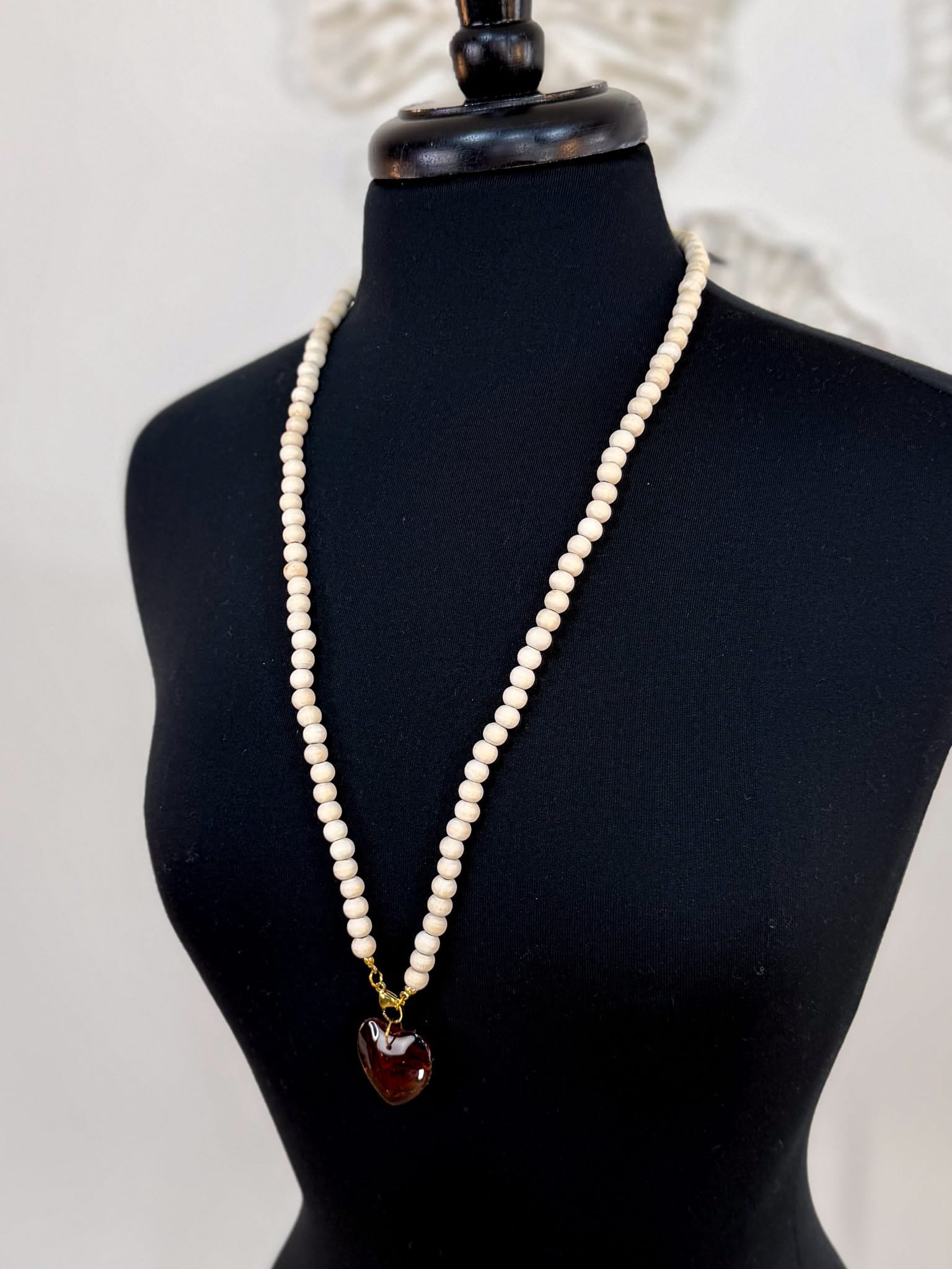 Heart Pendant Wood Beaded Necklace