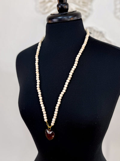 Heart Pendant Wood Beaded Necklace