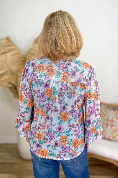 Seafoam & Floral Ruffle Sleeve Blouse