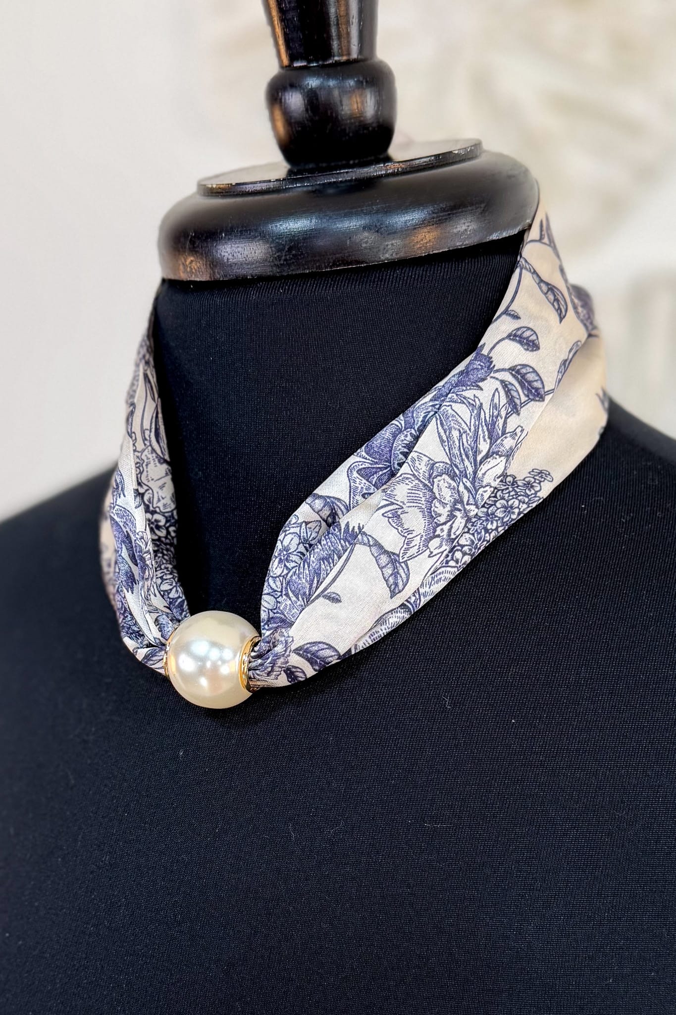 Navy Floral Pearl Scarf Necklace