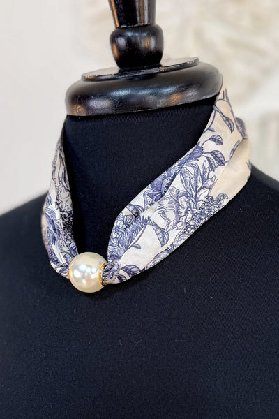 Navy Floral Pearl Scarf Necklace
