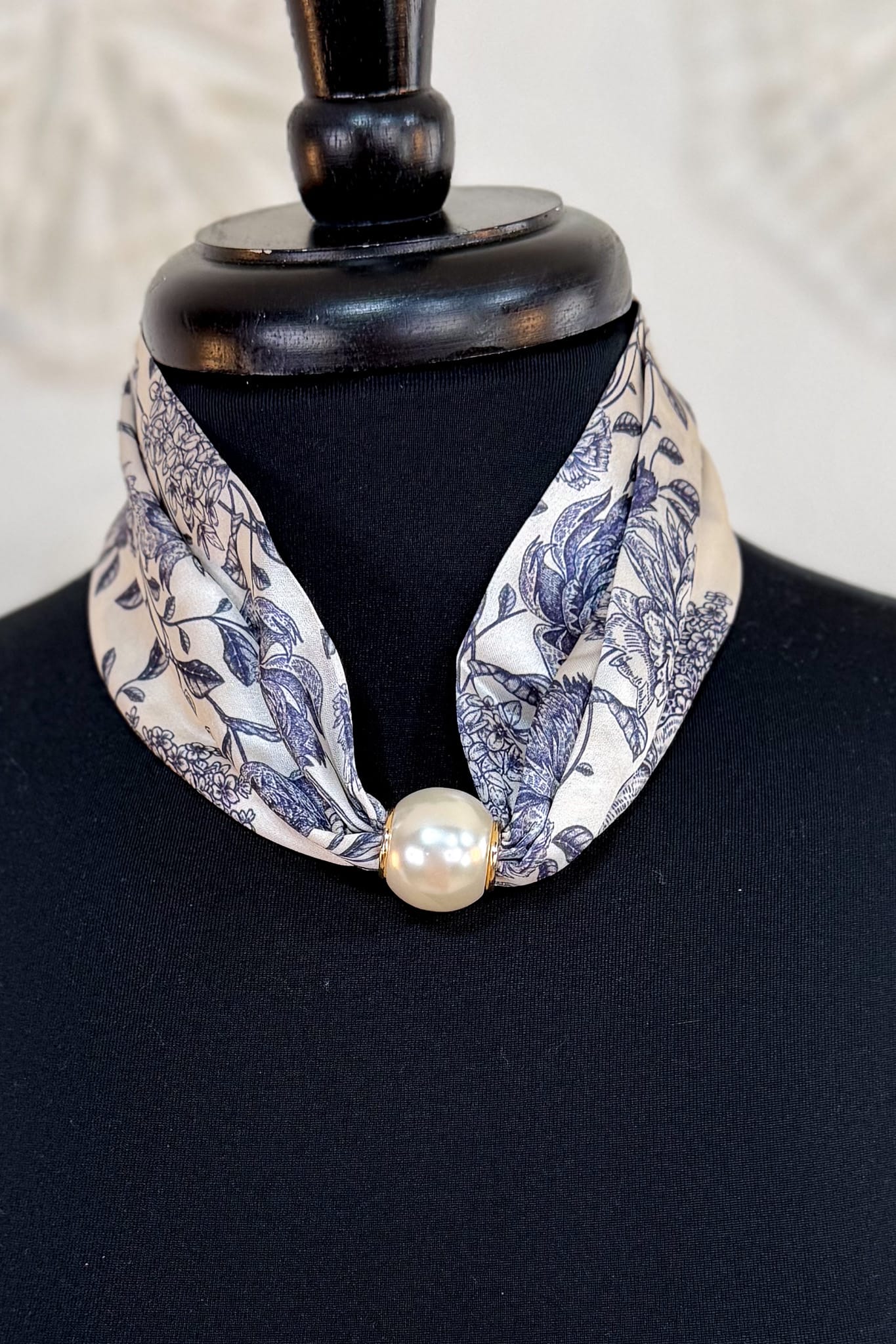 Navy Floral Pearl Scarf Necklace