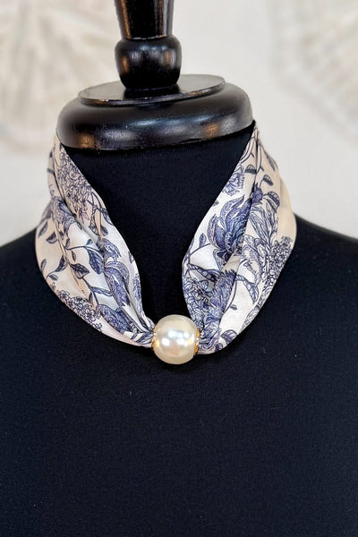 Navy Floral Pearl Scarf Necklace