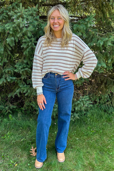 Taupe Stripe Crochet Sweater styled