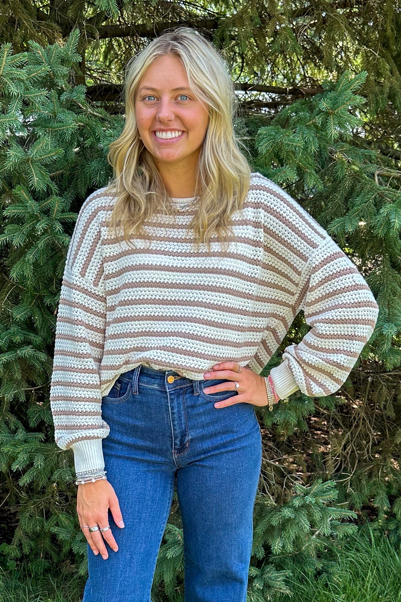 Taupe Stripe Crochet Sweater