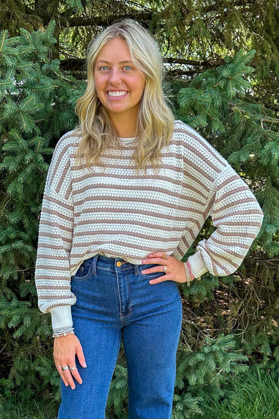 Taupe Stripe Crochet Sweater