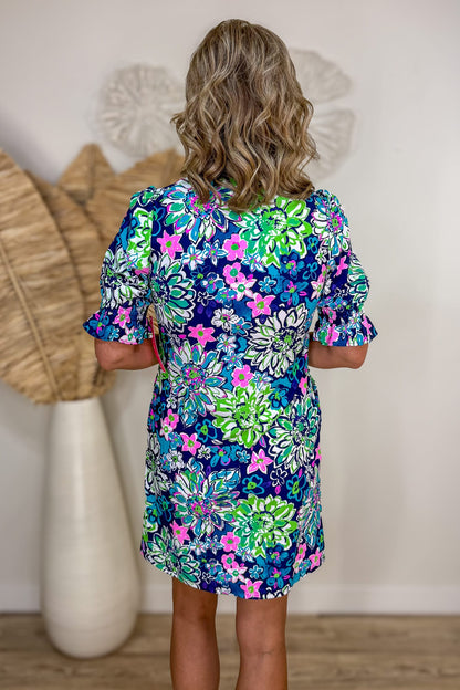 Navy Bright Floral Ruffle Sleeve Dress Back