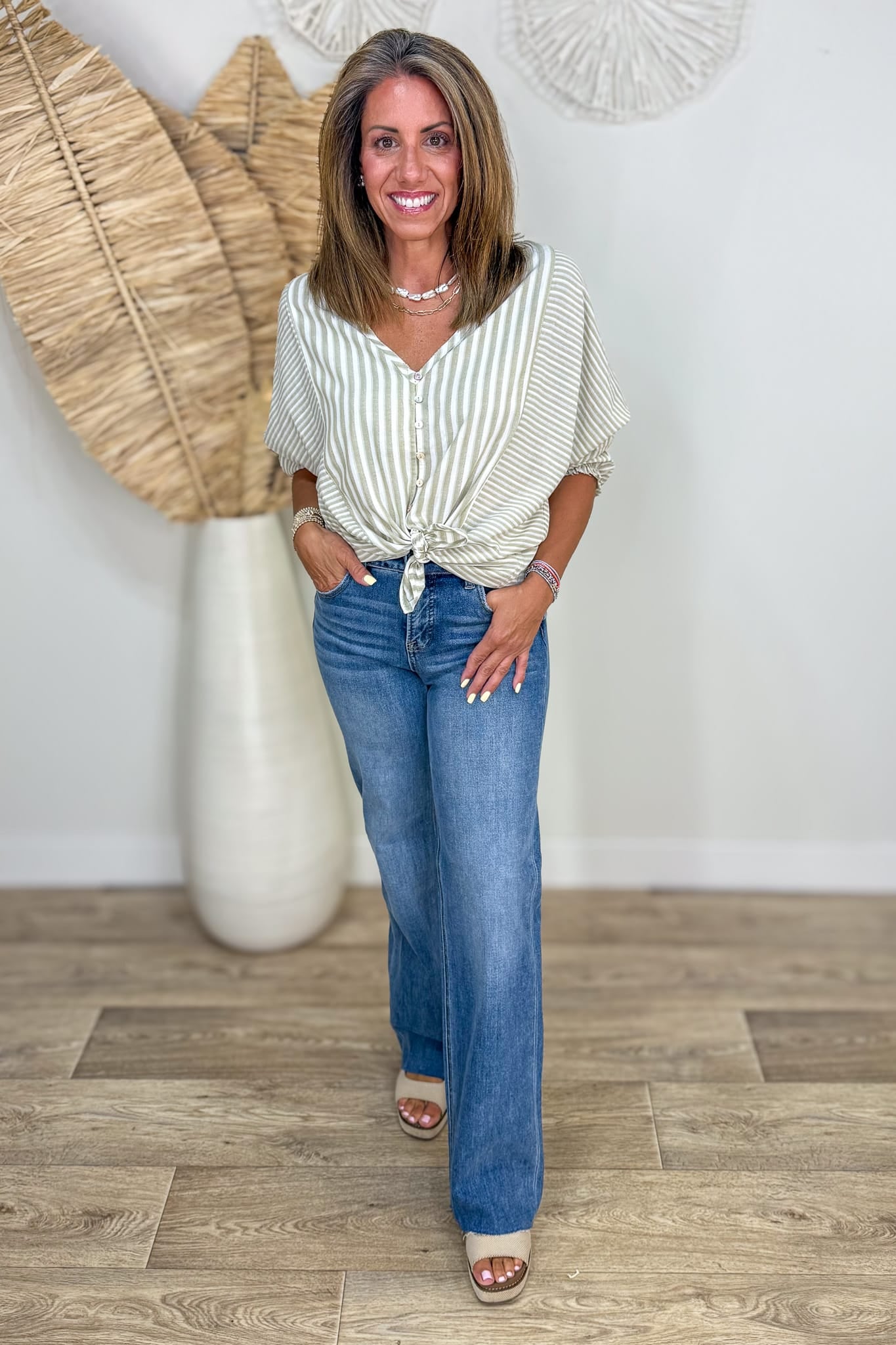 Olive Mixed Stripe Top Styled