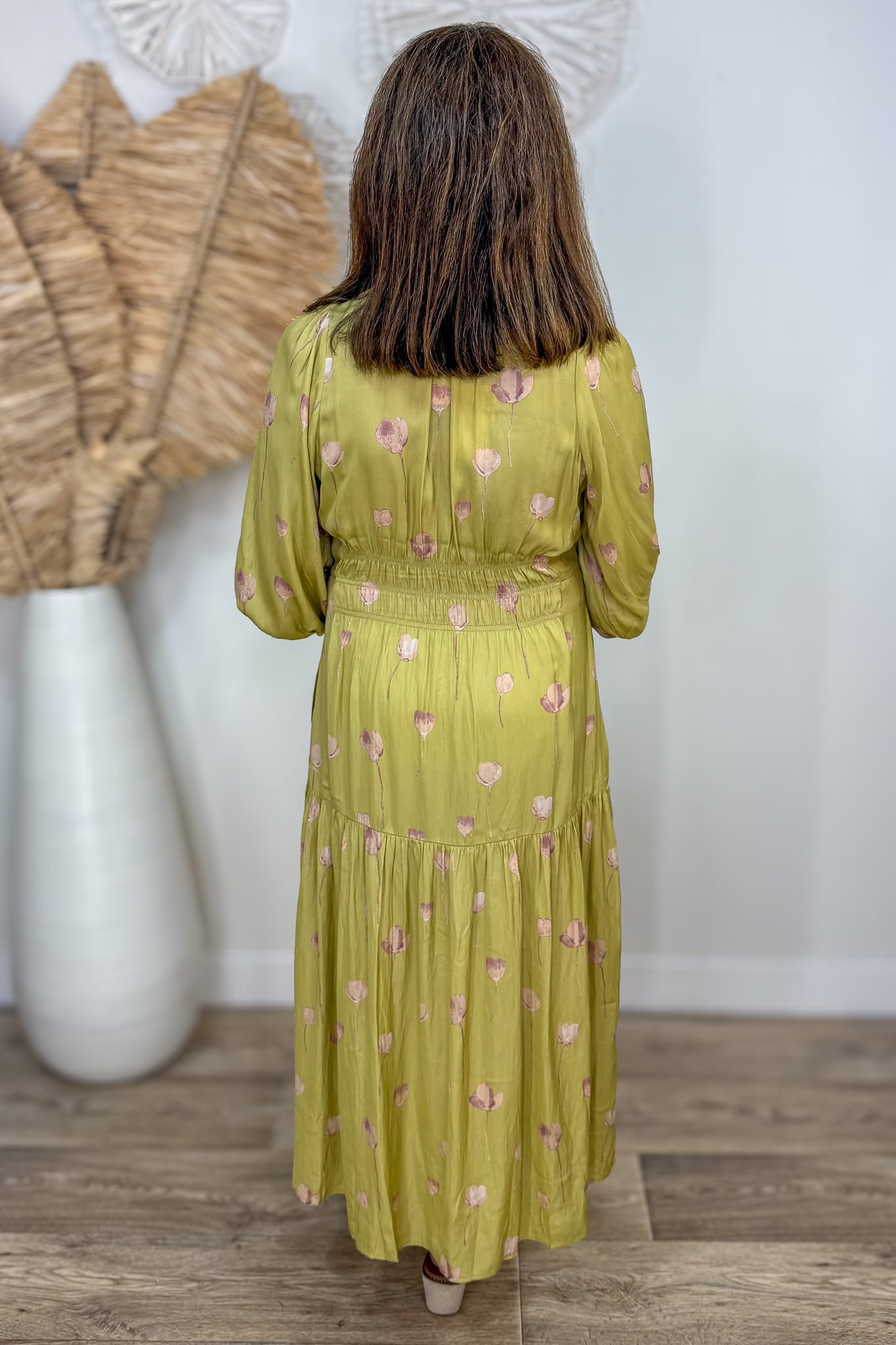 Green Tulip Print Midi Dress bACK