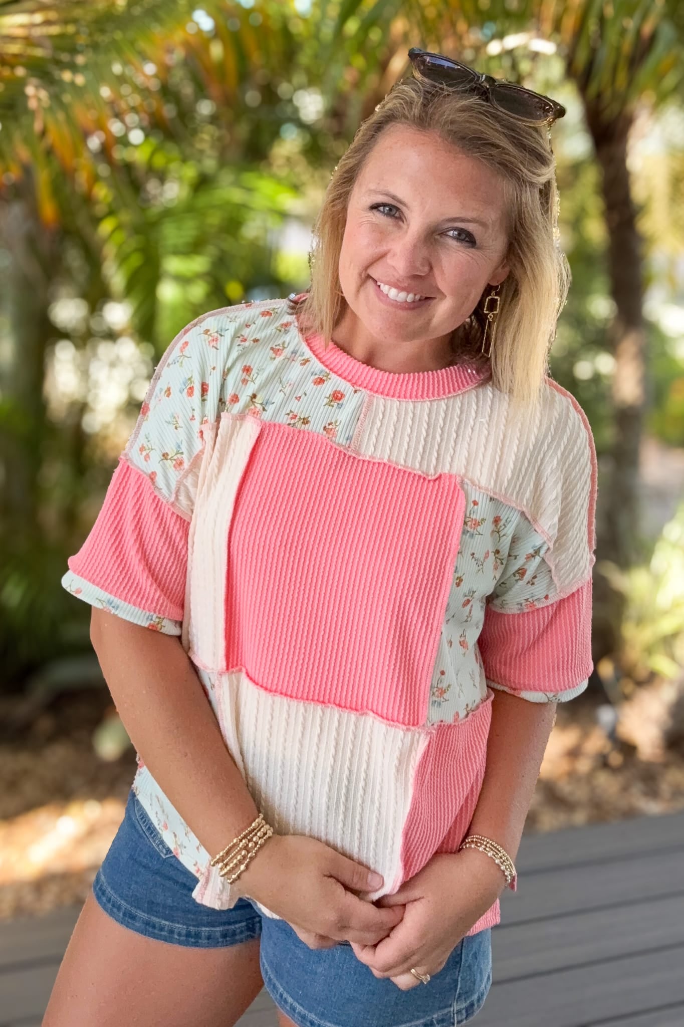 Coral & Mint Floral Texture Knit Top