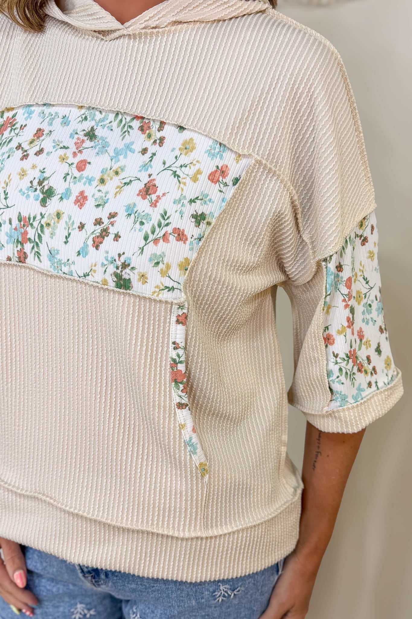 Oatmeal Rib Floral Colorblock Oversized Pullover Detailed