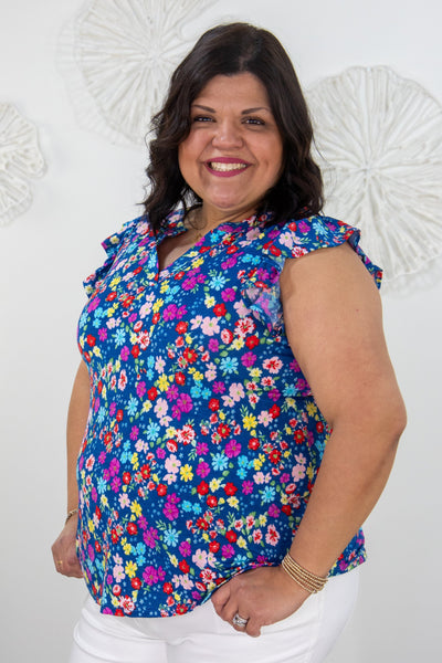 Blue Ditsy Floral Cap Ruffle Sleeve Top