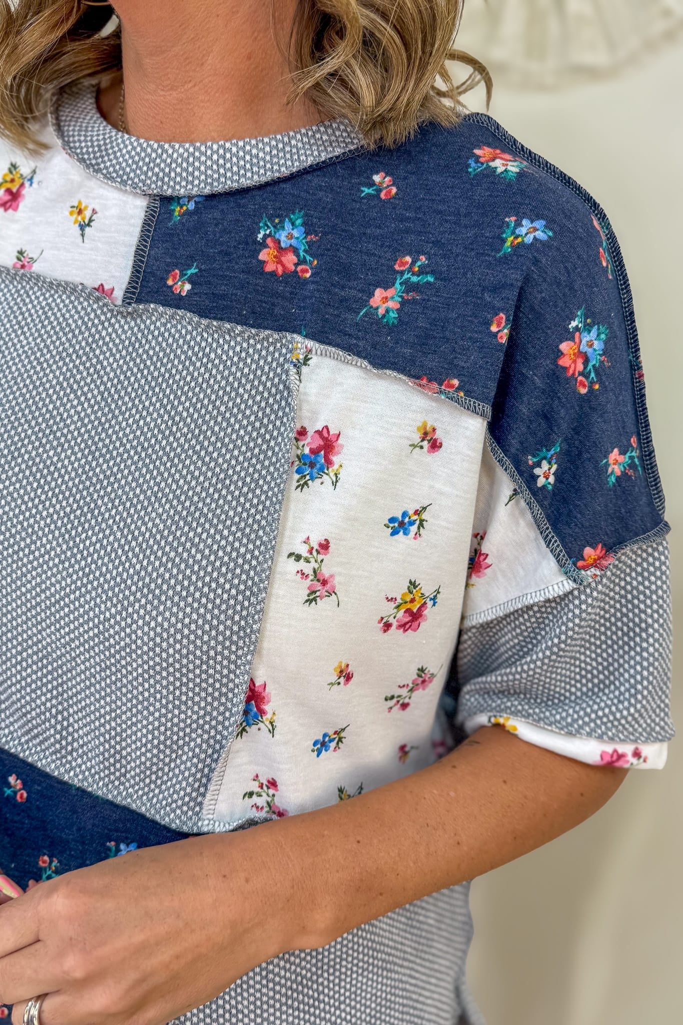 Navy Textured Floral Print Patchwork Top Detailed