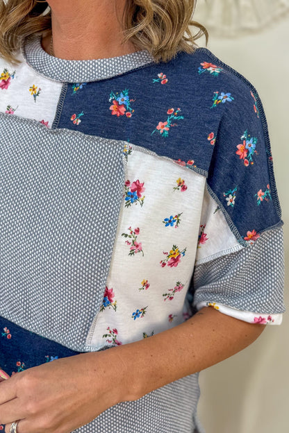 Navy Textured Floral Print Patchwork Top Detailed