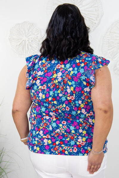 Blue Ditsy Floral Cap Ruffle Sleeve Top back