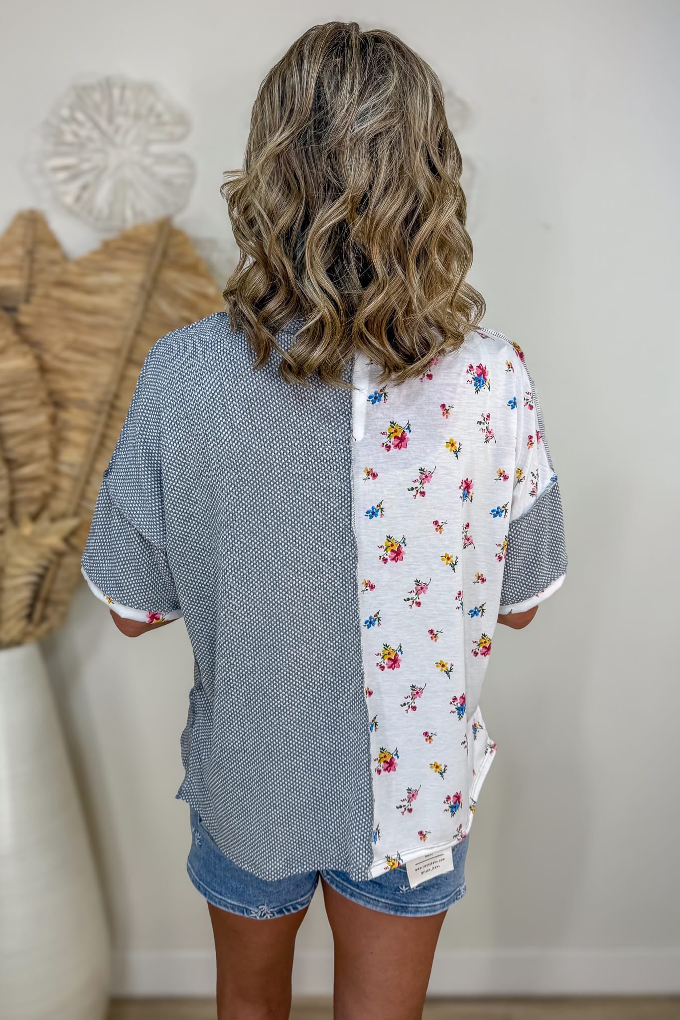 Navy Textured Floral Print Patchwork Top Back