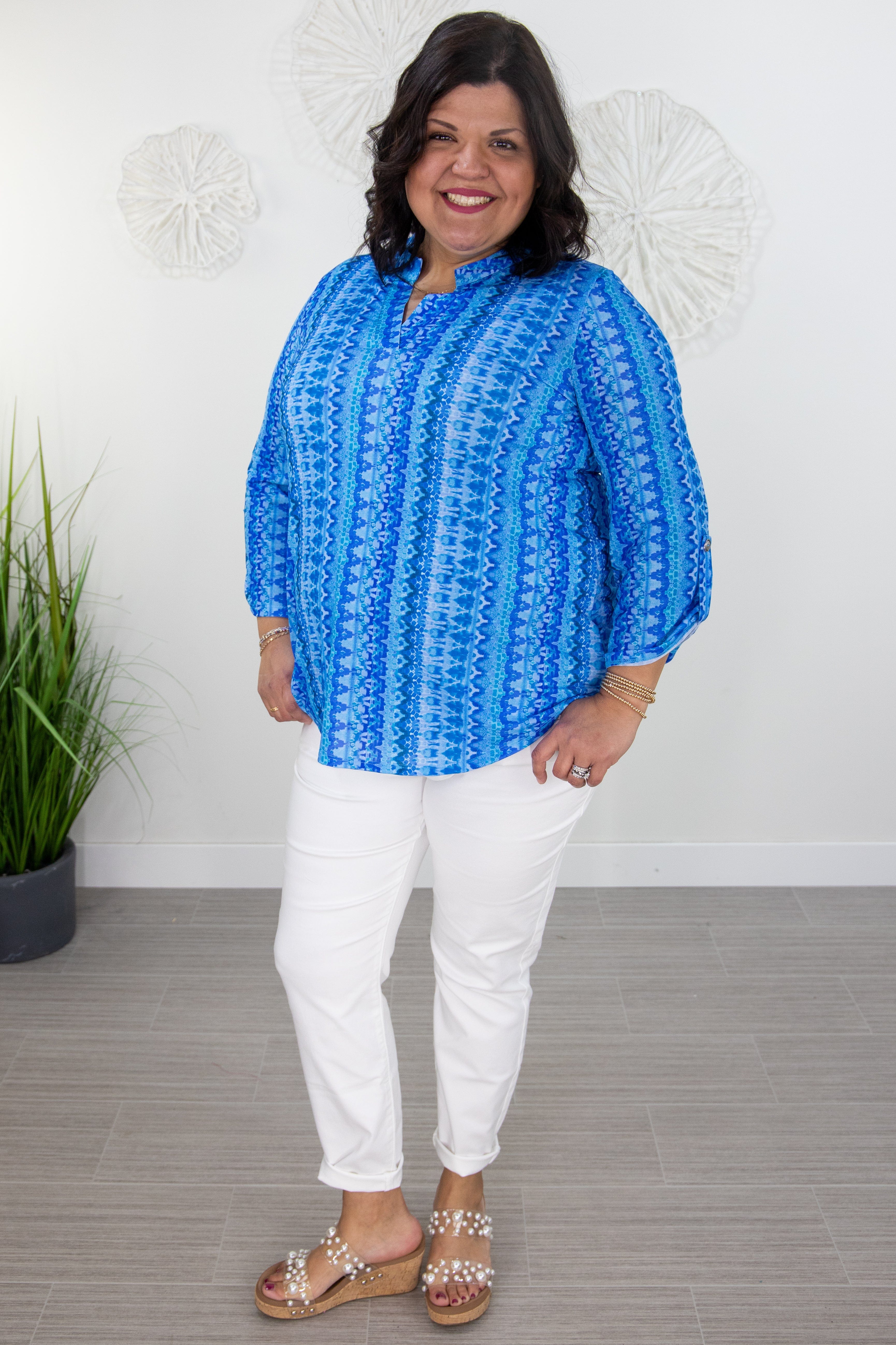Ocean Blue Pattern Lizzy Top styled