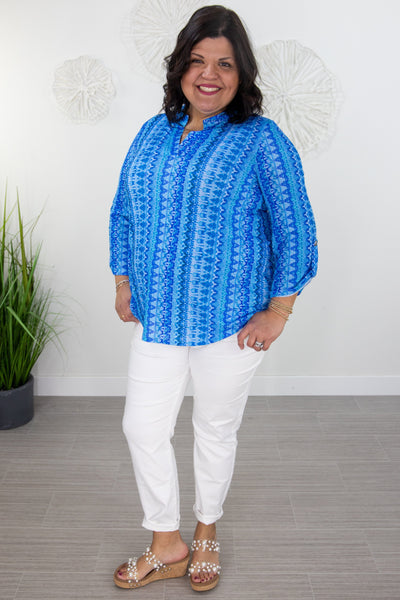 Ocean Blue Pattern Lizzy Top styled