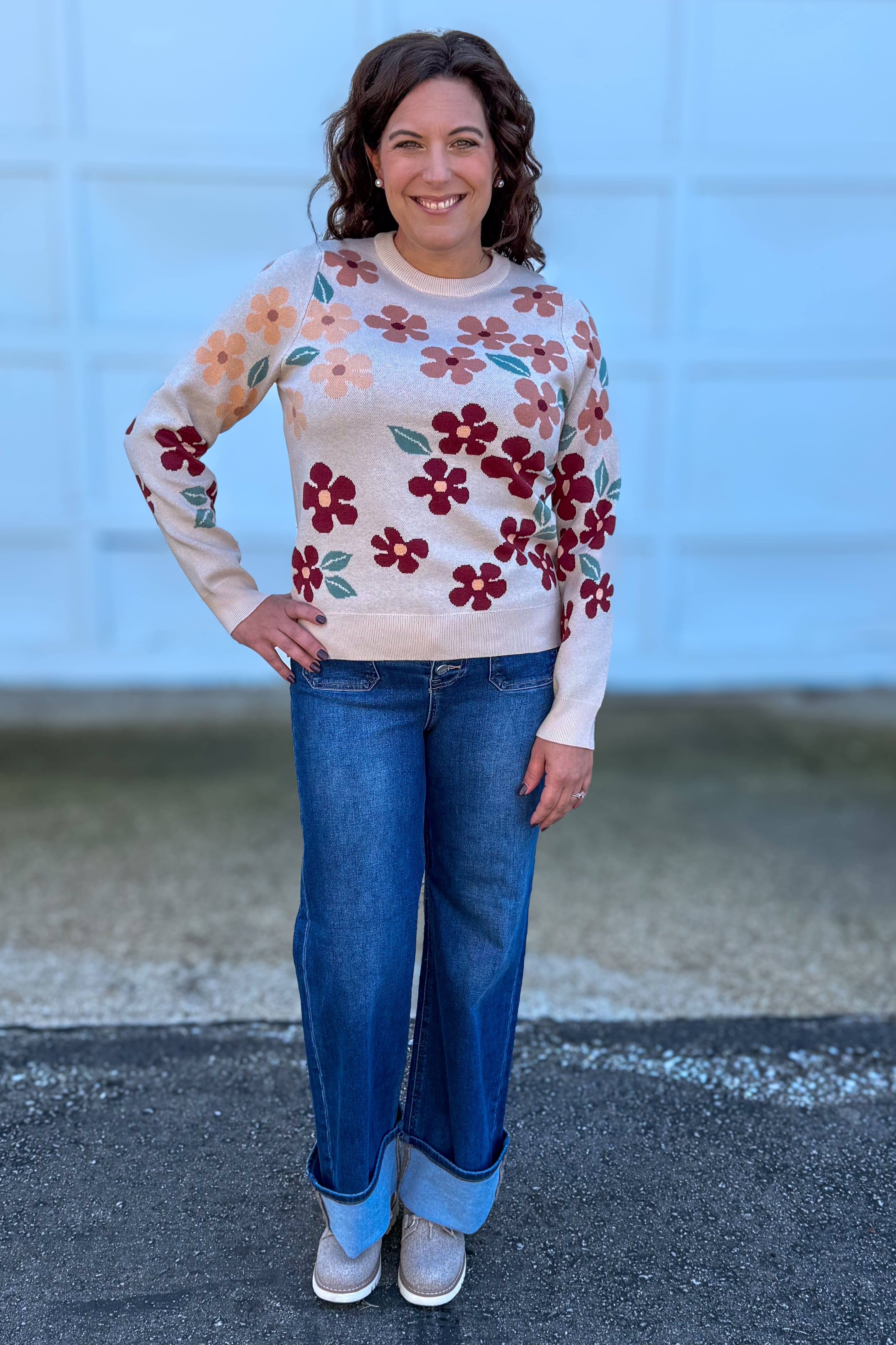 Taupe Floral Pop Sweater Styled