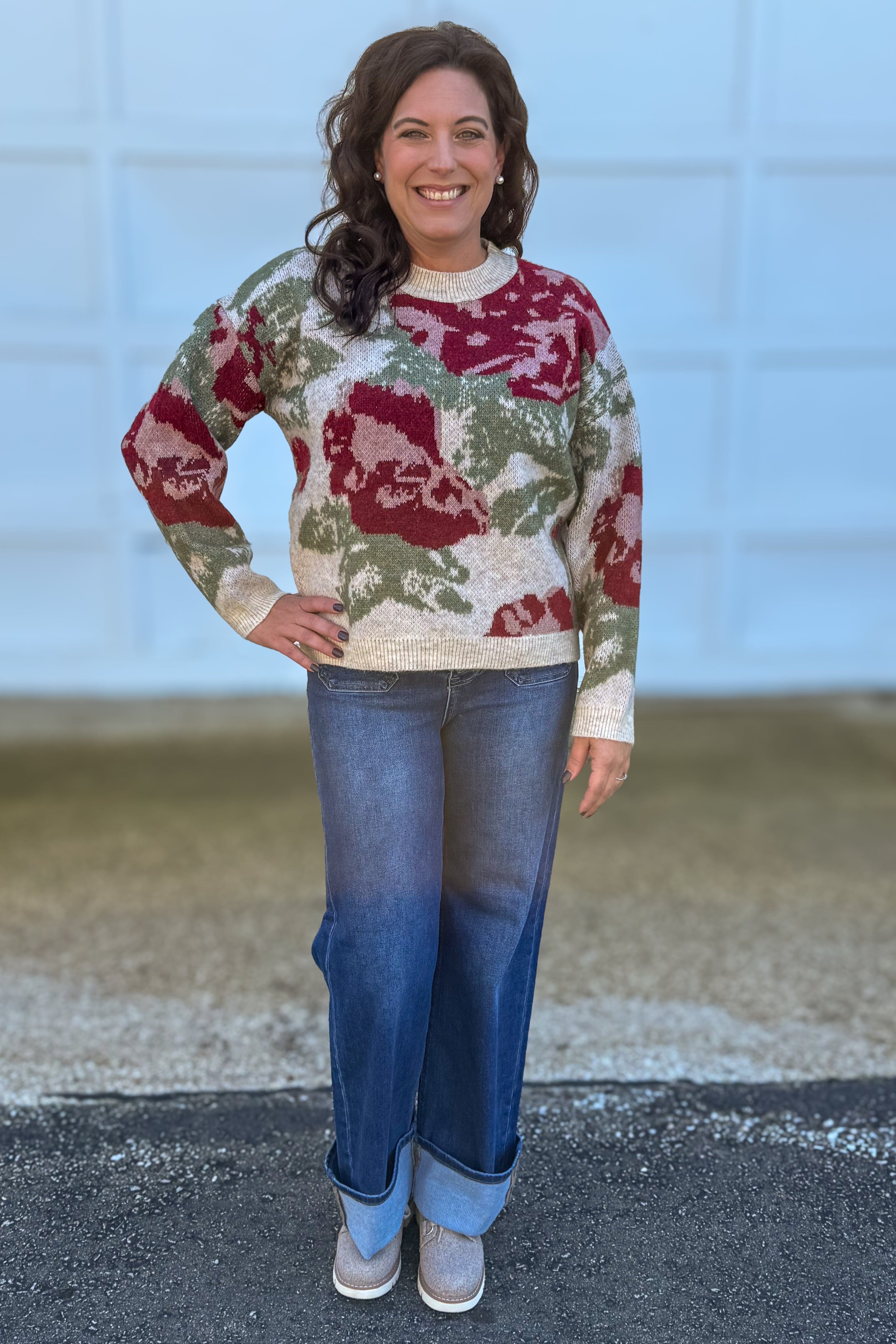 Cream & Red Flower Jacquard Sweater Styled