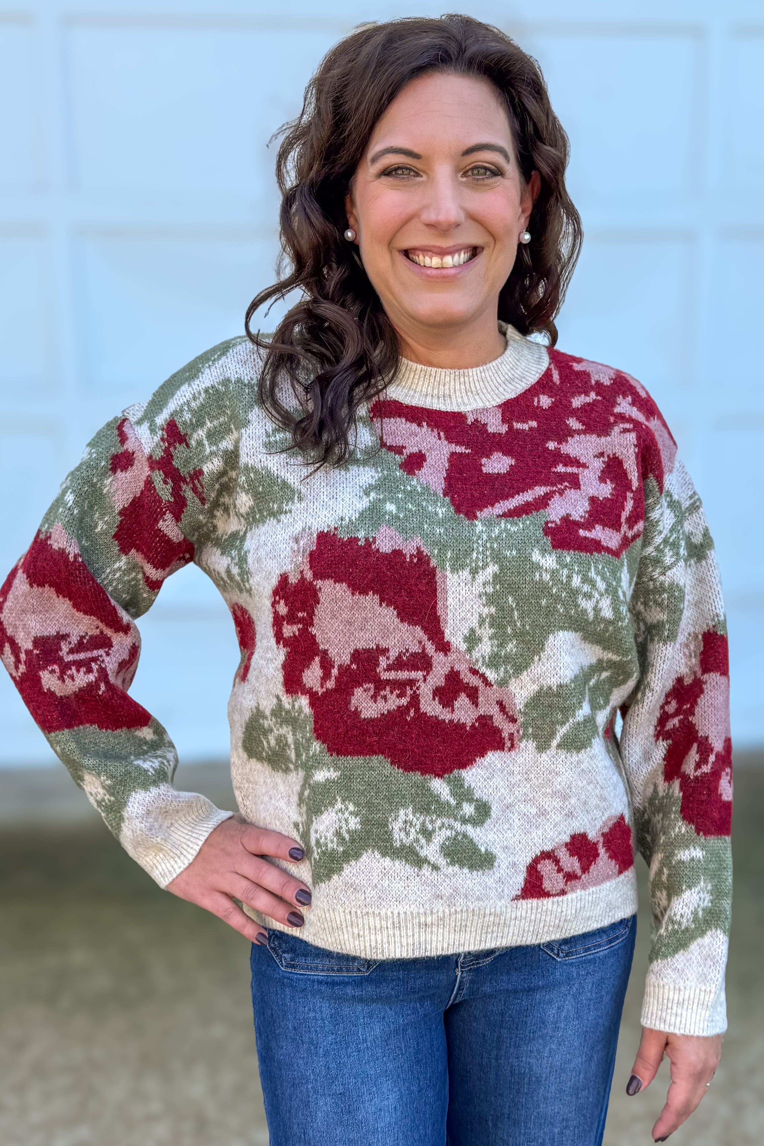 Cream & Red Flower Jacquard Sweater