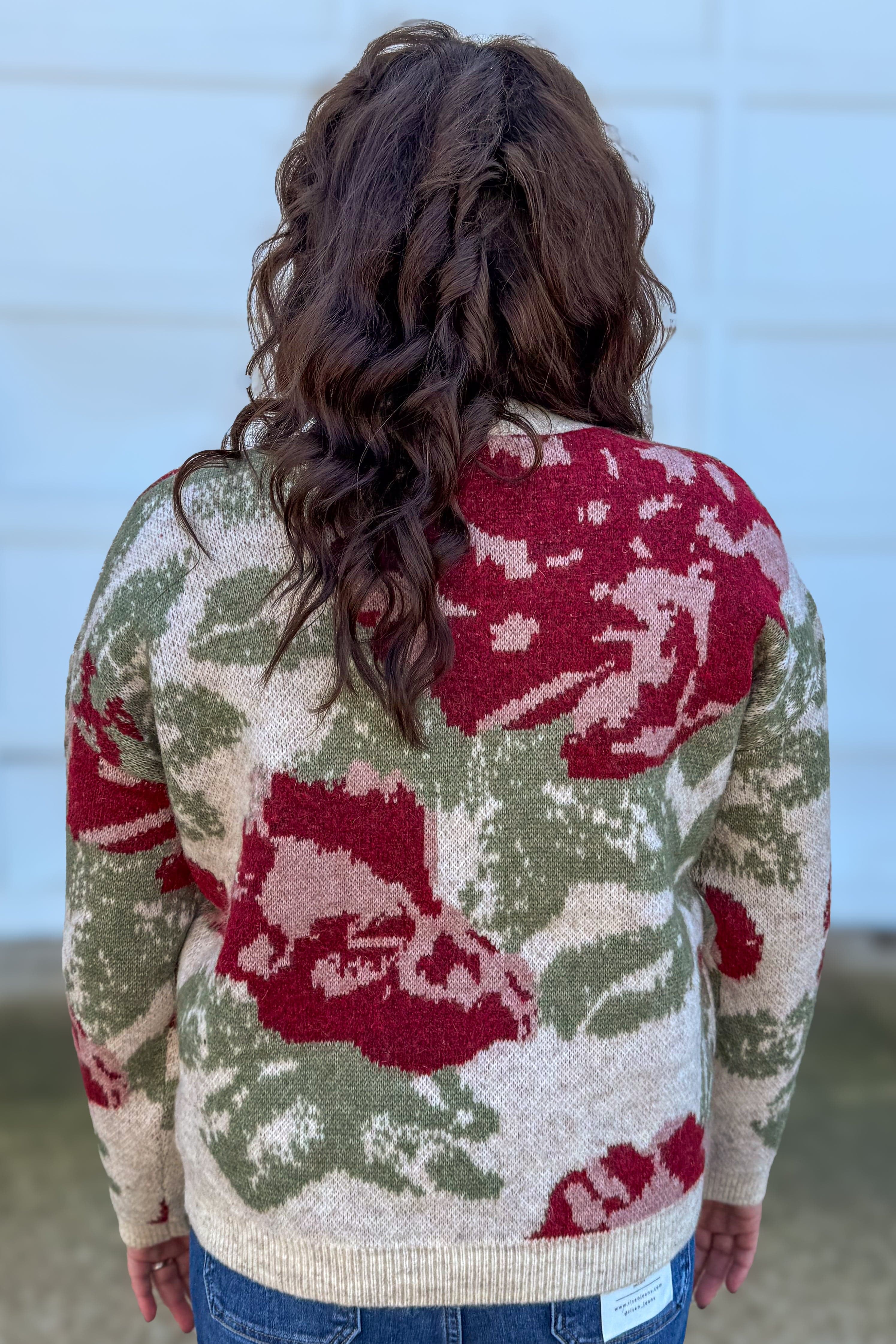 Cream & Red Flower Jacquard Sweater Back