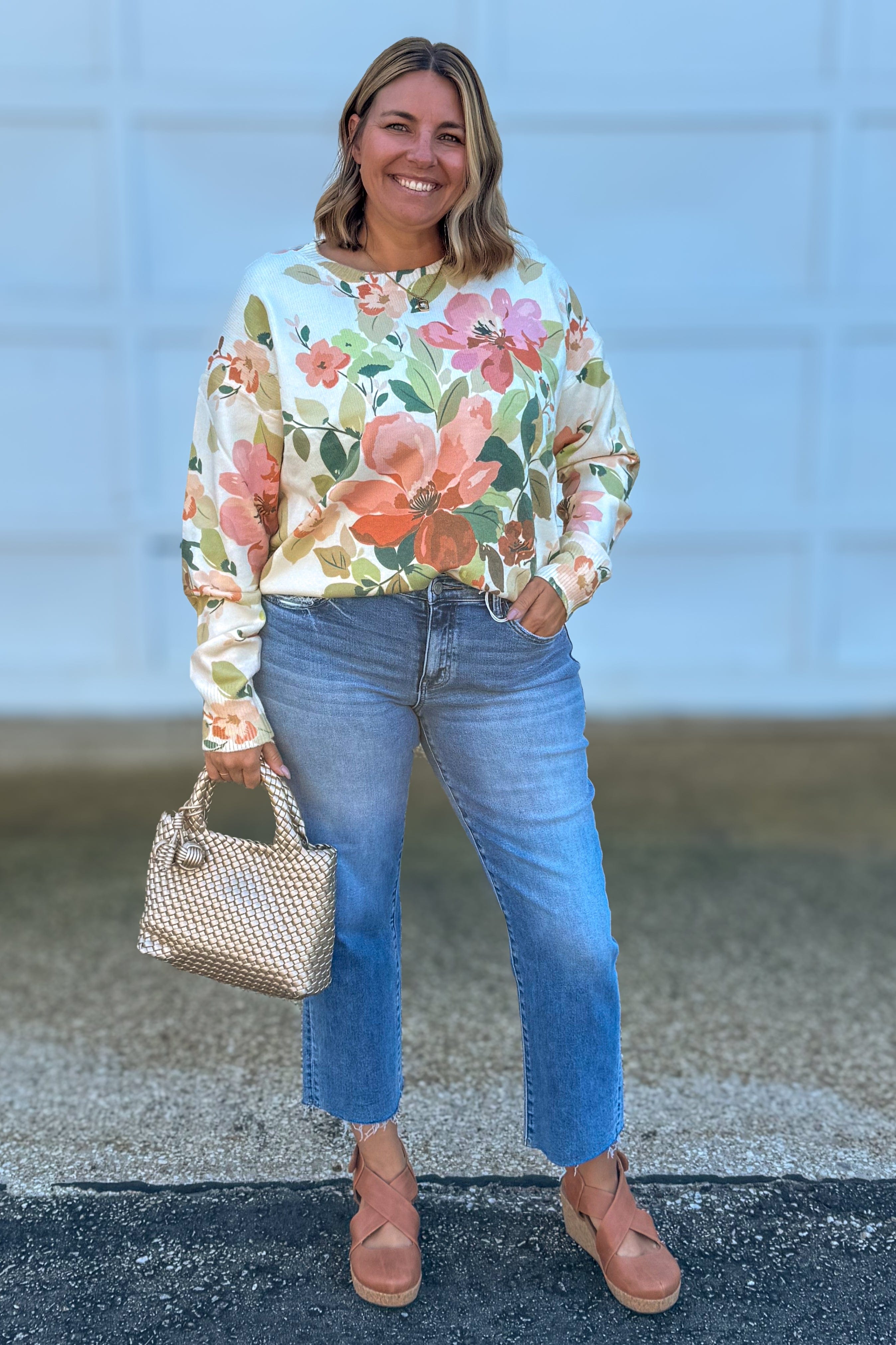 Orange Floral Print Crew Neck Sweater Styled