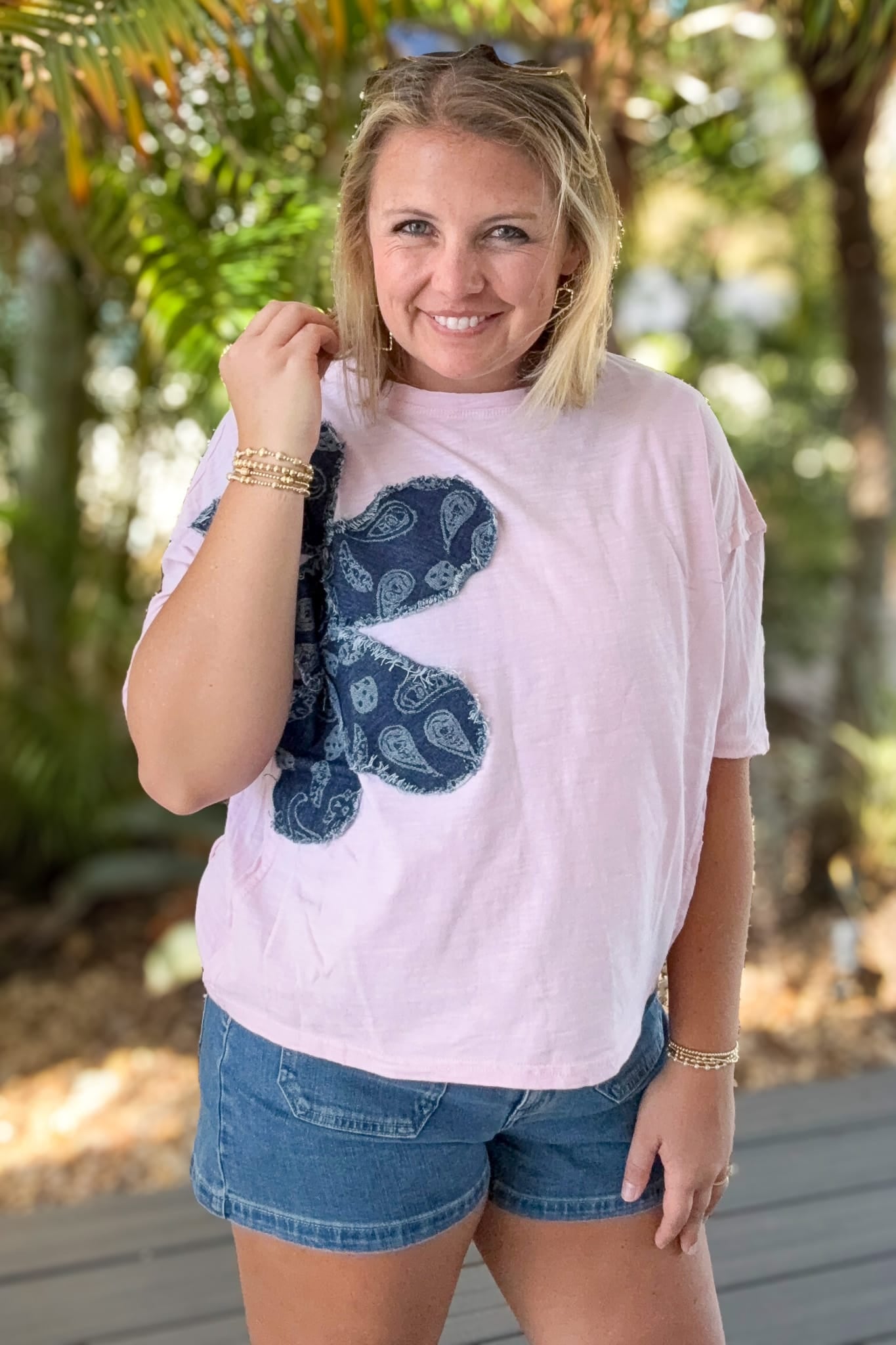 Pink Printed Denim Floral Patchwork Top