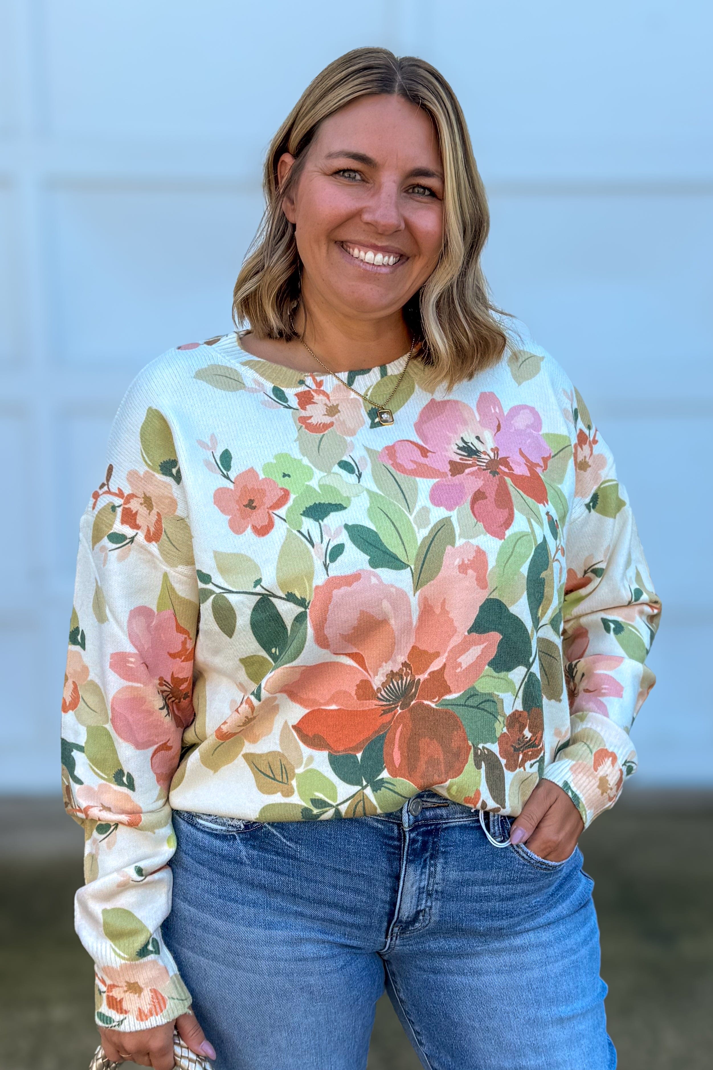 Orange Floral Print Crew Neck Sweater