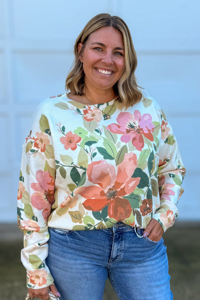 Orange Floral Print Crew Neck Sweater