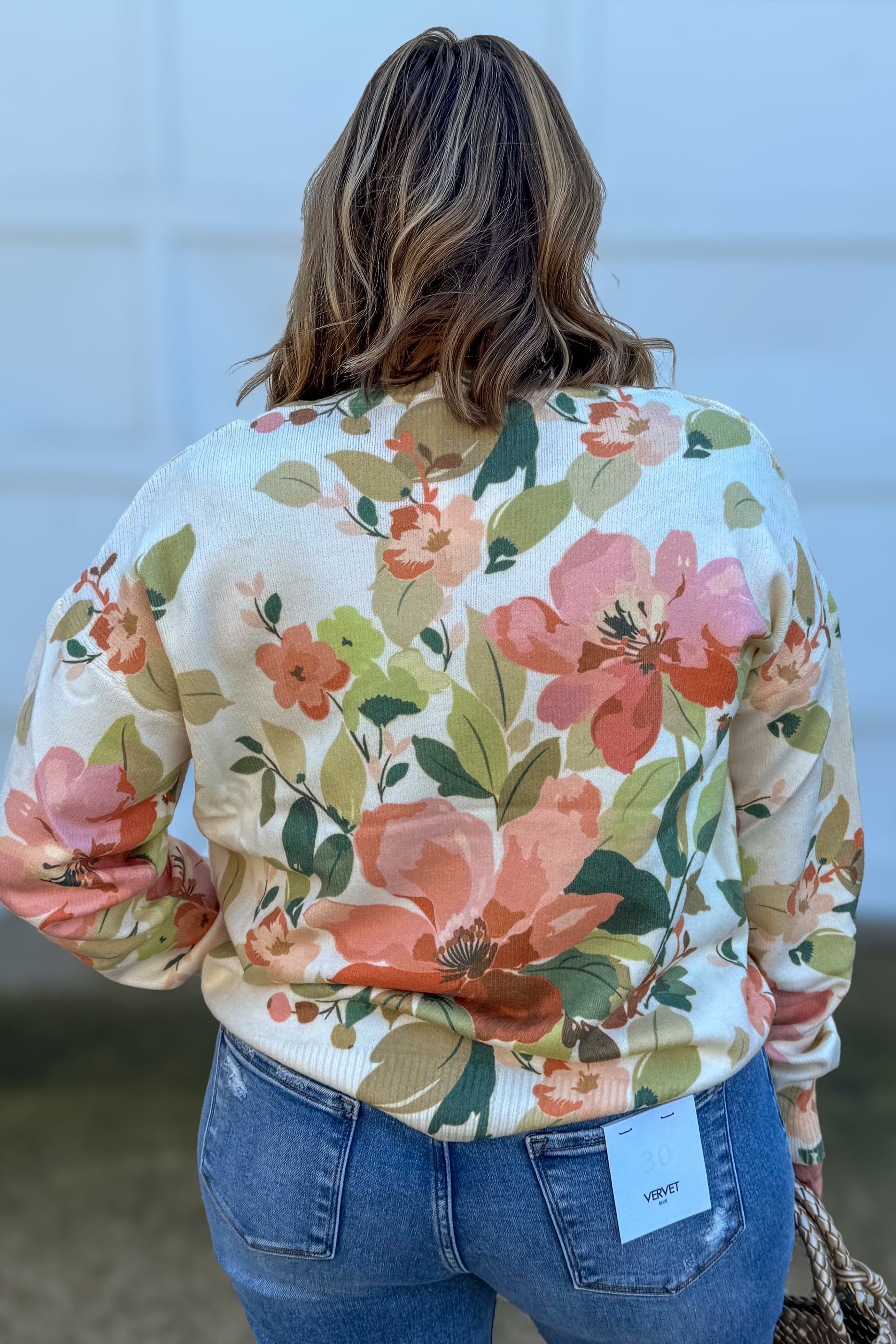 Orange Floral Print Crew Neck Sweater Back