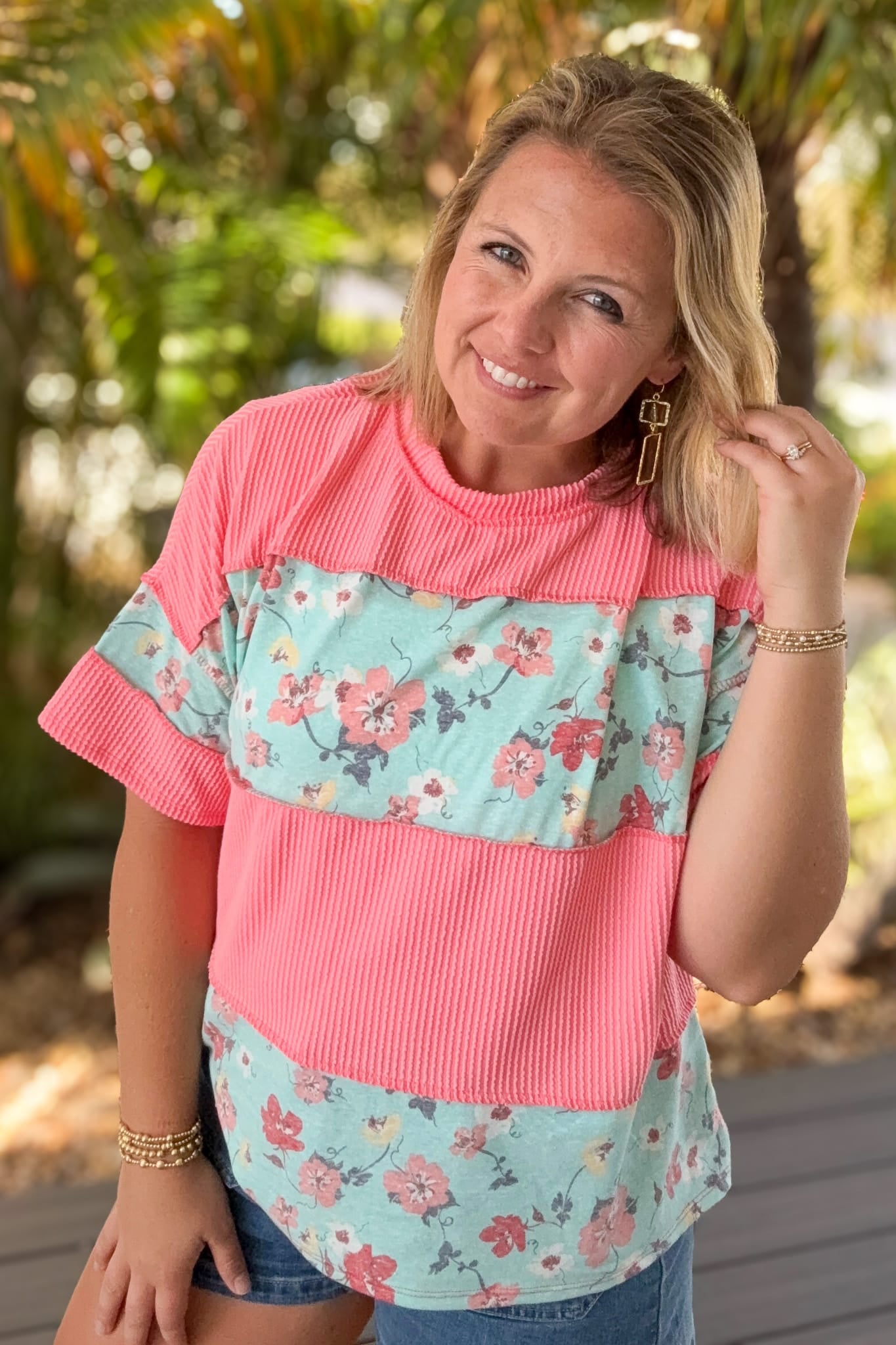Coral & Aqua Rib Floral Colorblock Top