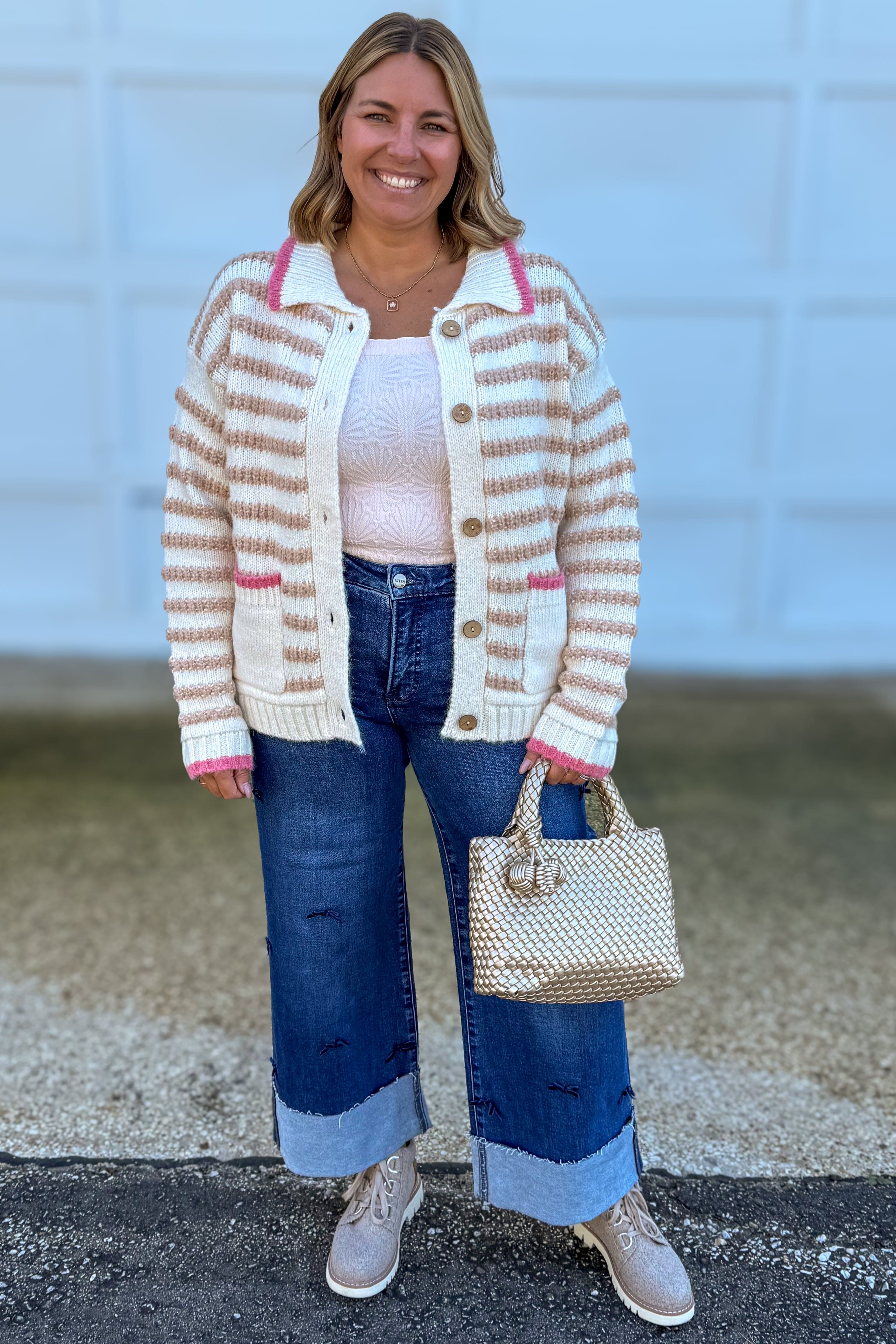 Oatmeal Texture Stripe Button Down Cardigan Styled
