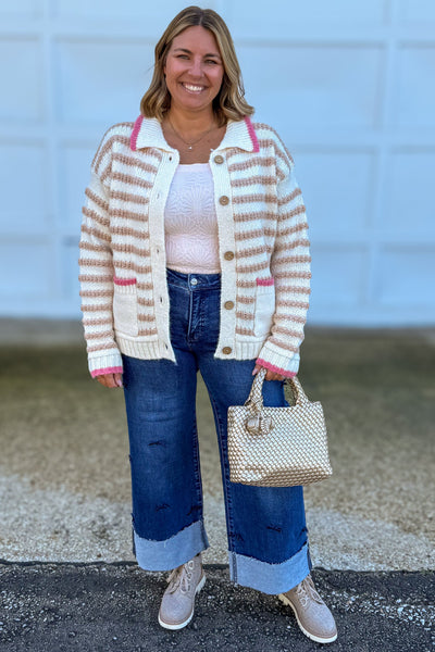 Oatmeal Texture Stripe Button Down Cardigan Styled