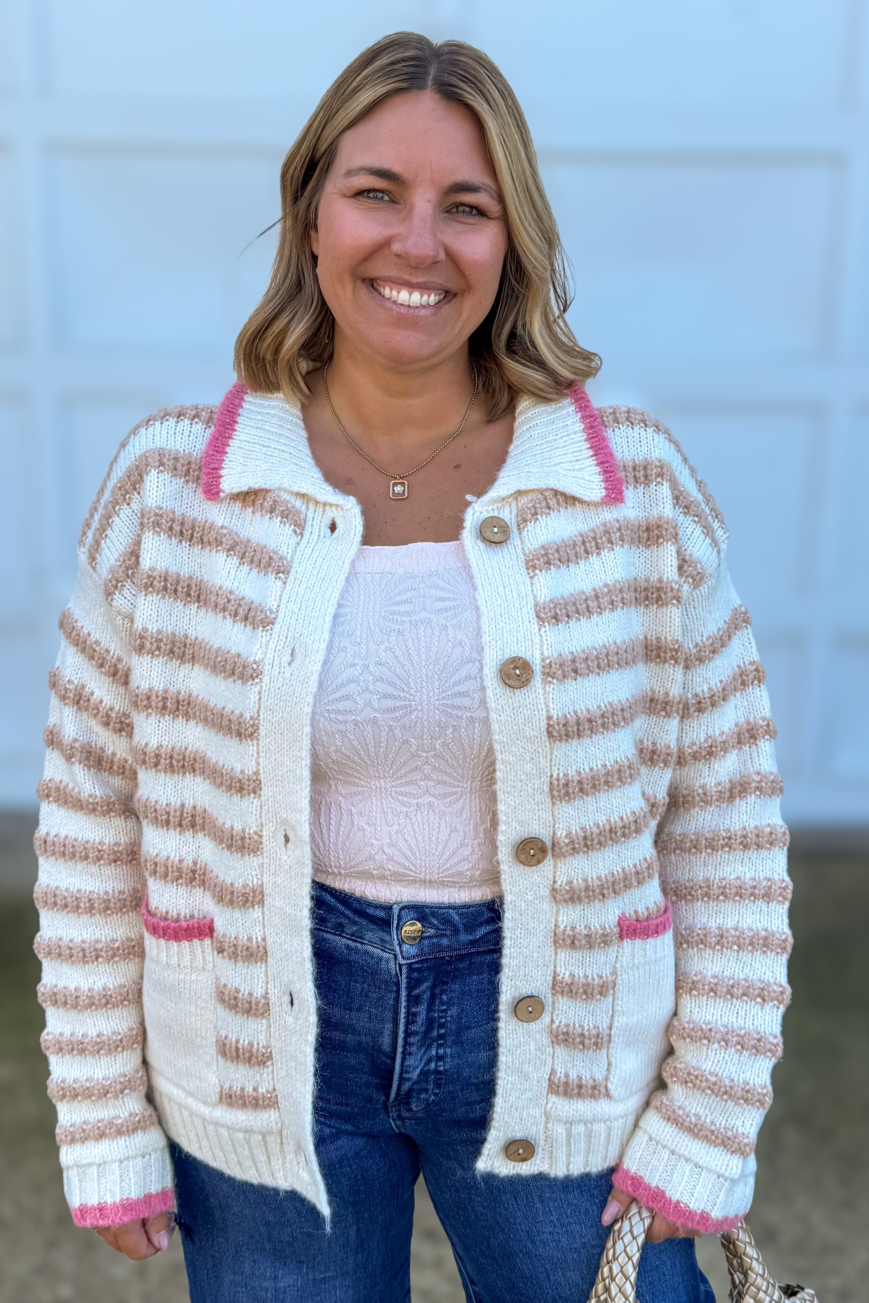 Oatmeal Texture Stripe Button Down Cardigan