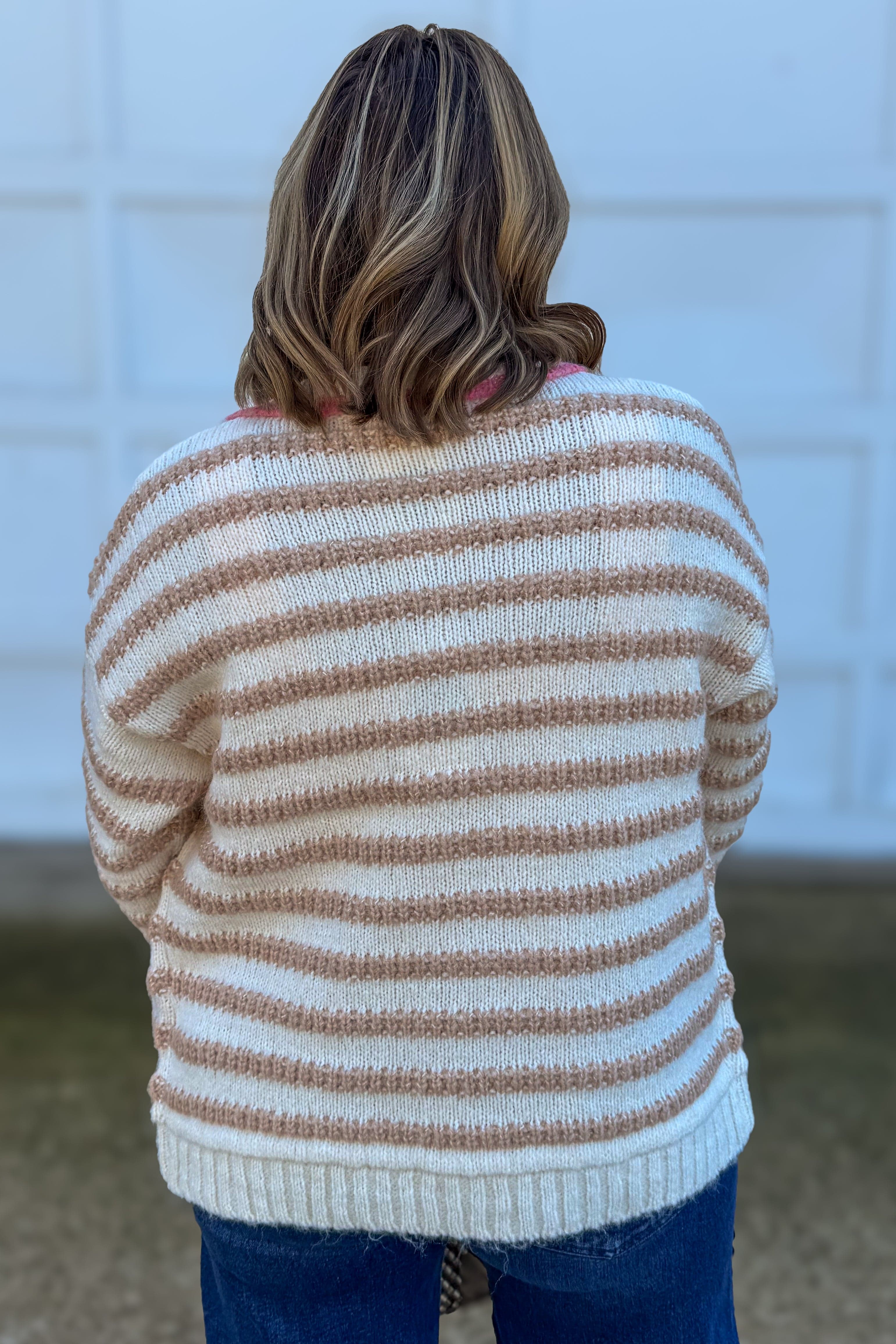 Oatmeal Texture Stripe Button Down Cardigan Back