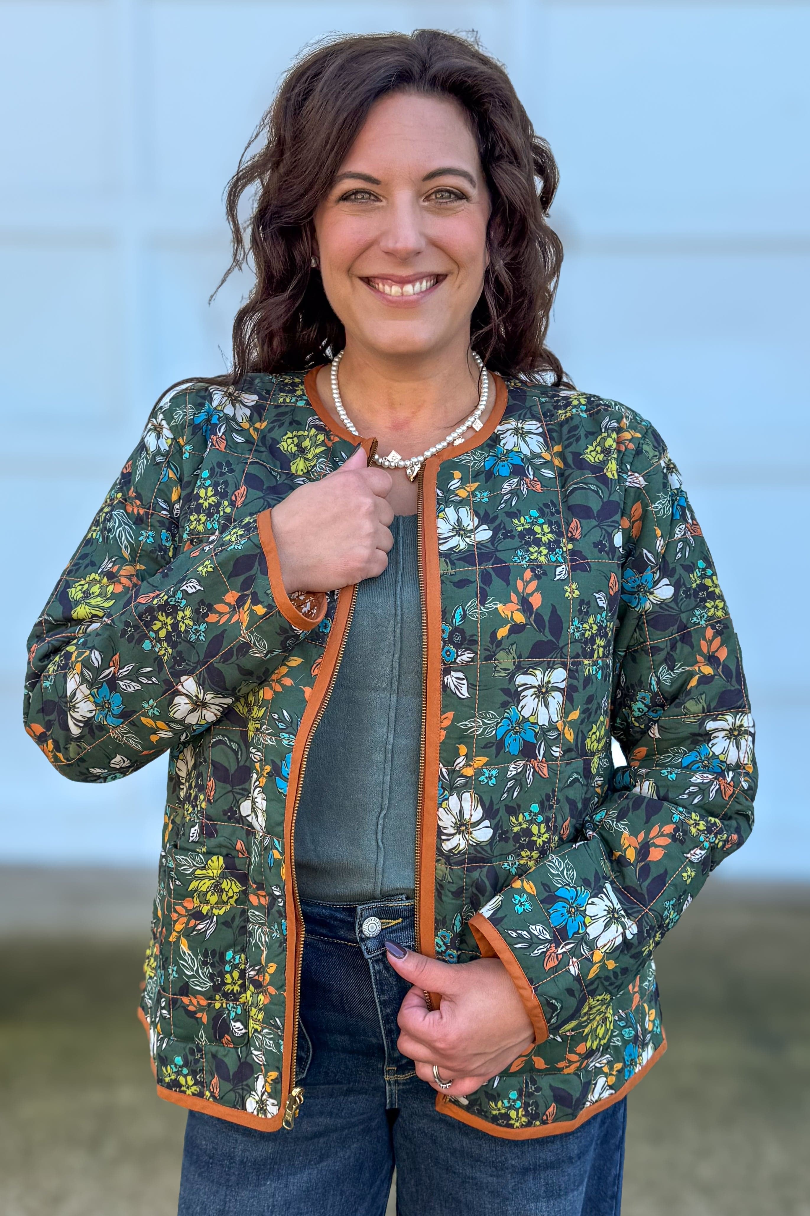 Green Floral Reversible Quilted Jacket