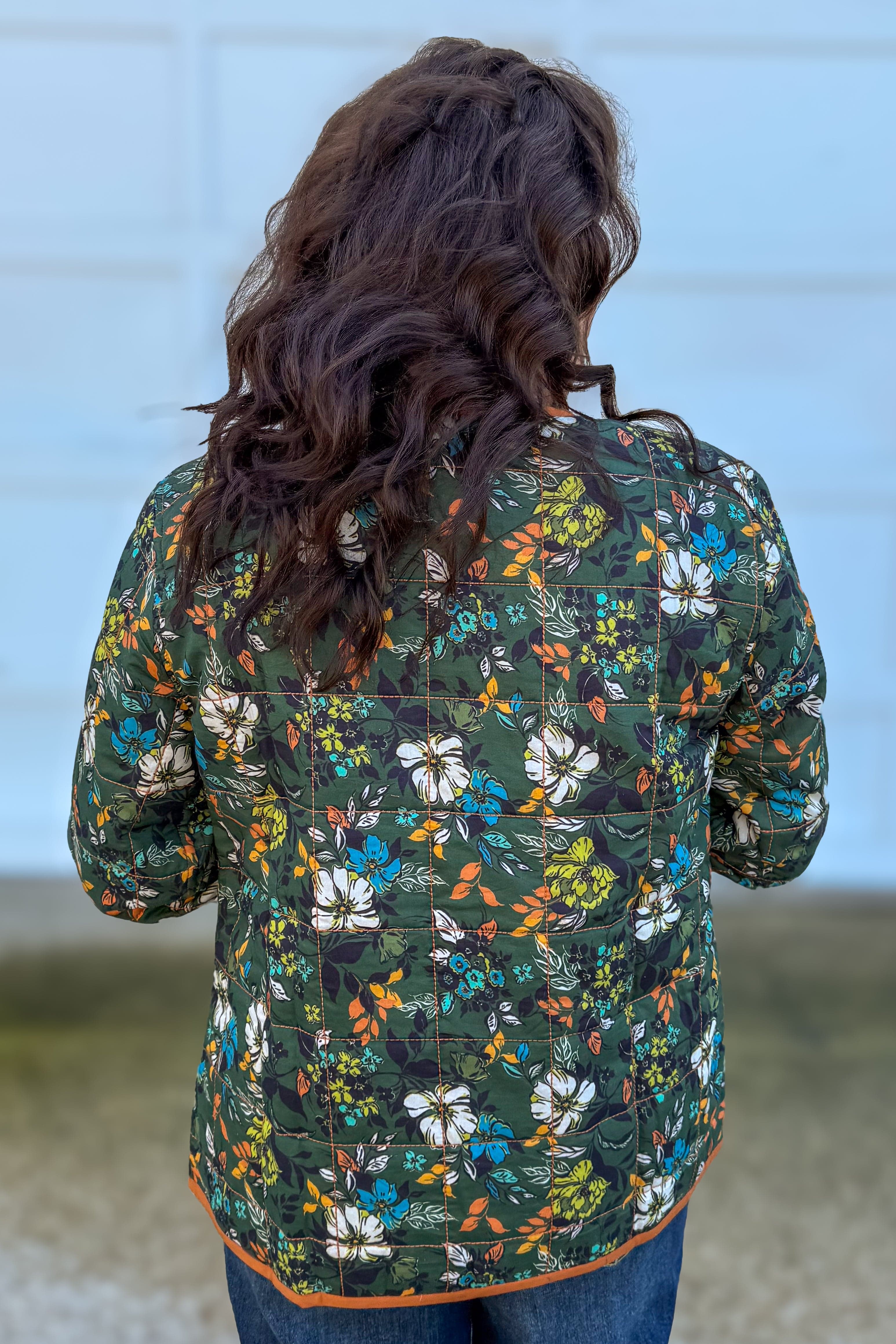 Green Floral Reversible Quilted Jacket Back