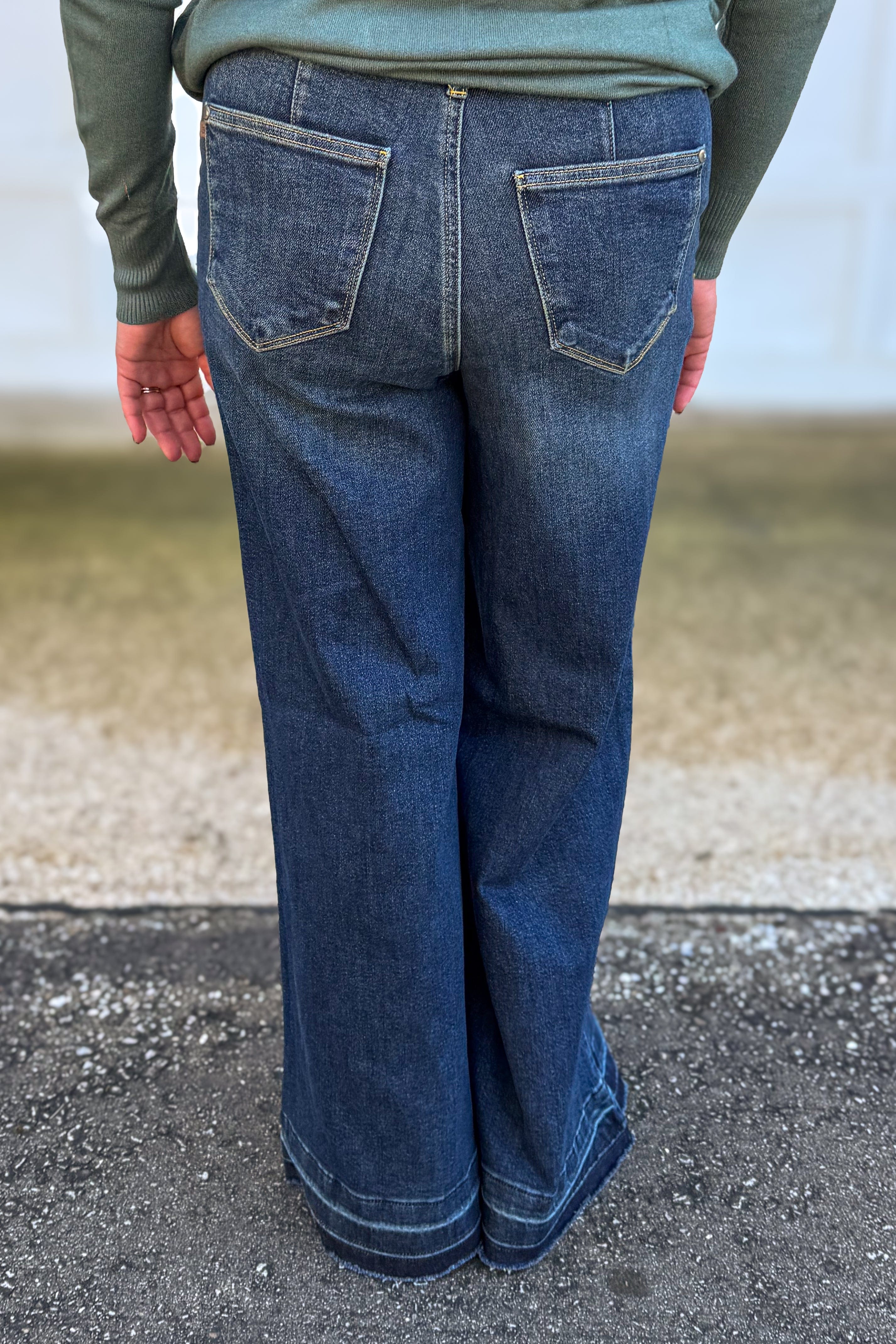 Dark High Waist Palazzo Front Pocket Denim Back
