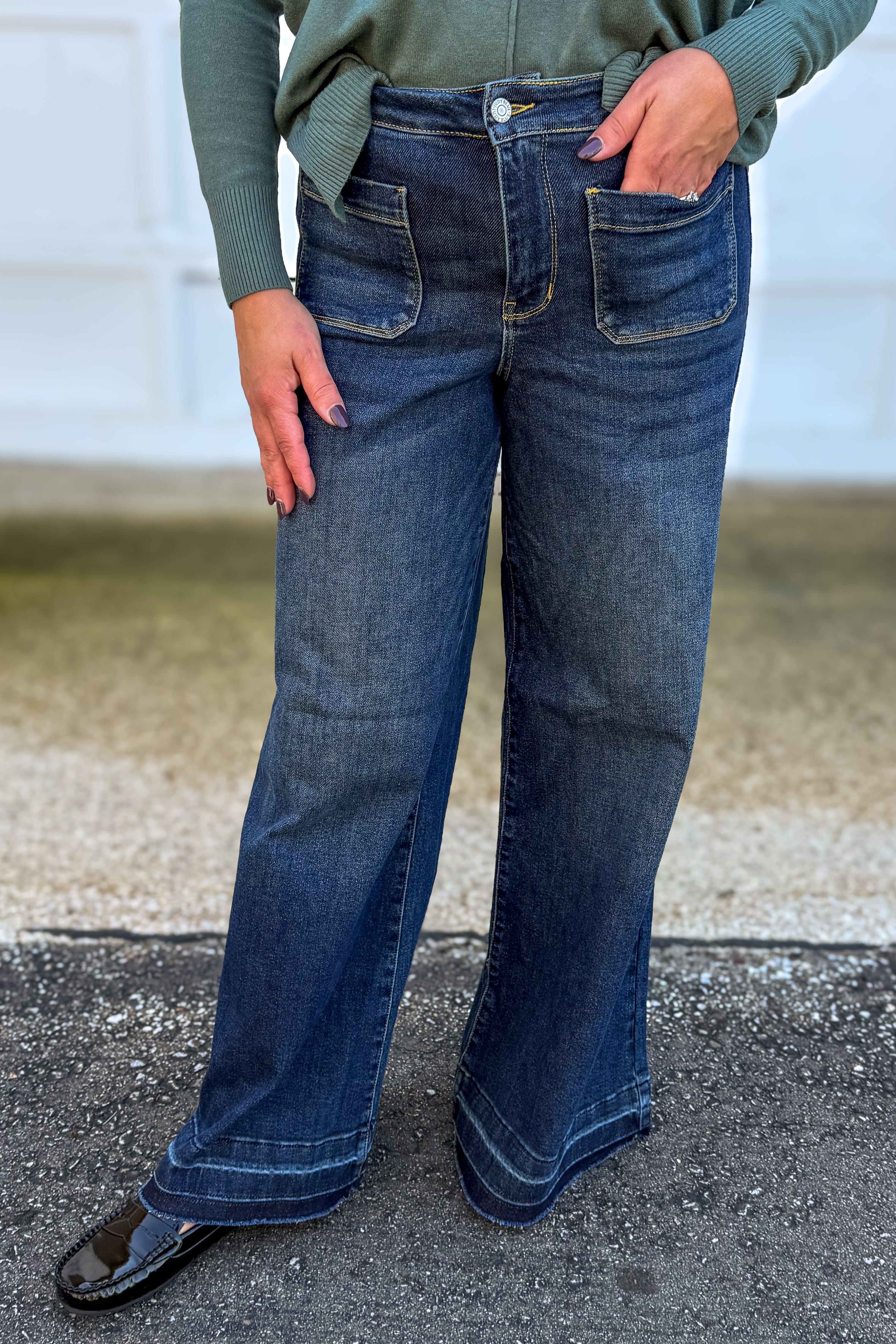 Dark High Waist Palazzo Front Pocket Denim