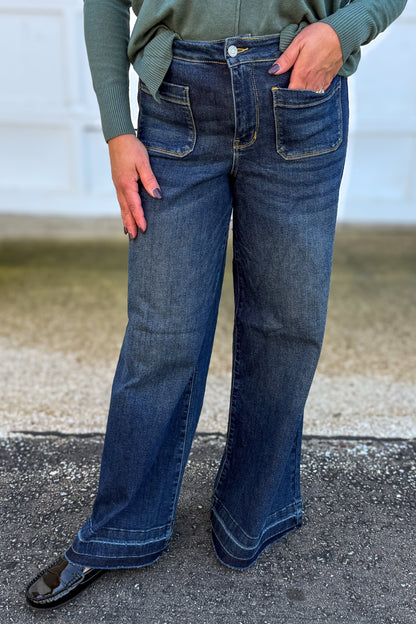 Dark High Waist Palazzo Front Pocket Denim