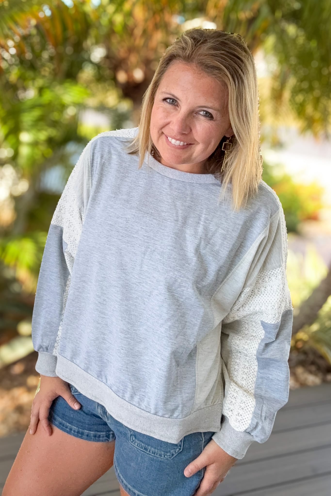 Grey French Terry & Lace Oversized Pullover