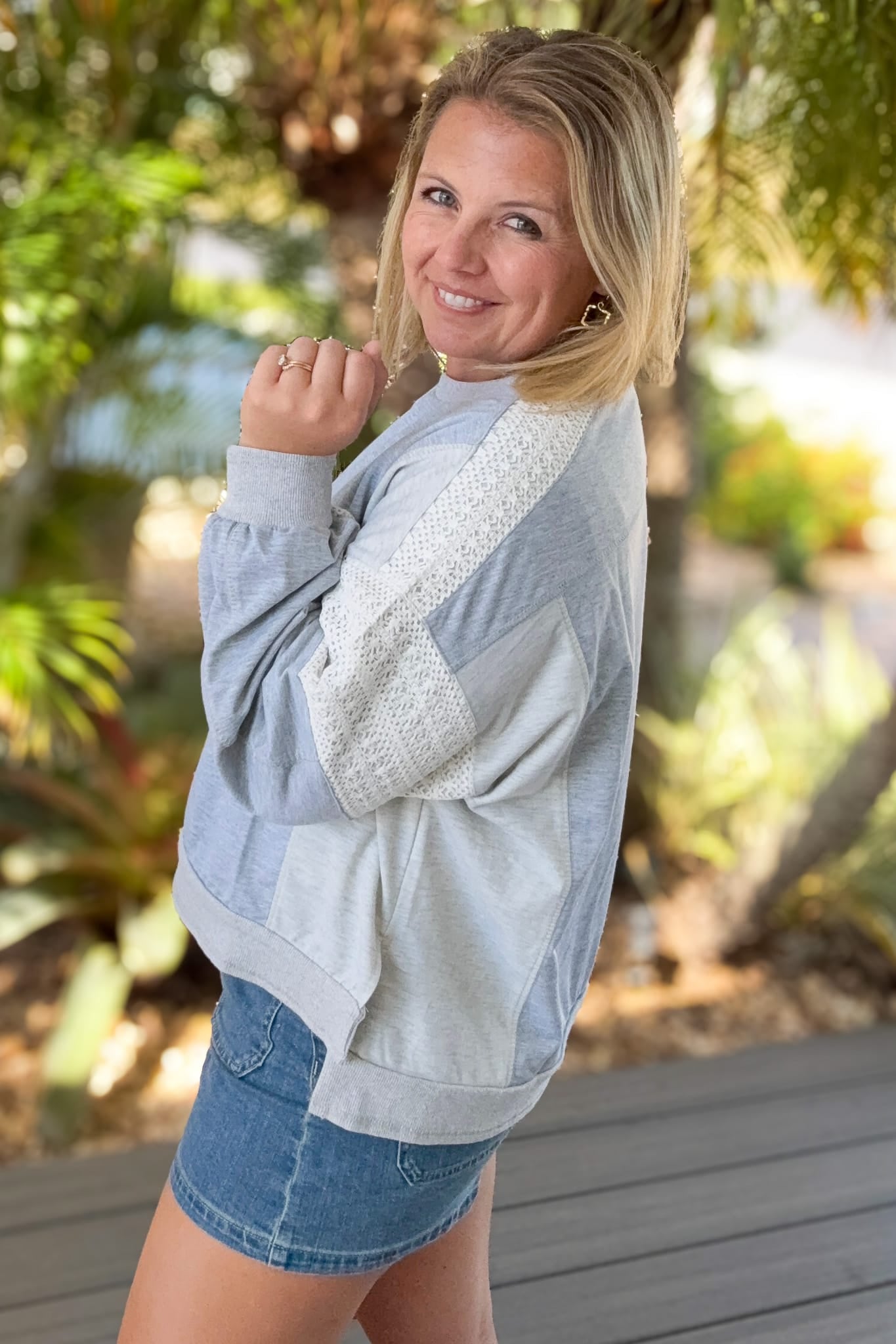 Grey French Terry & Lace Oversized Pullover