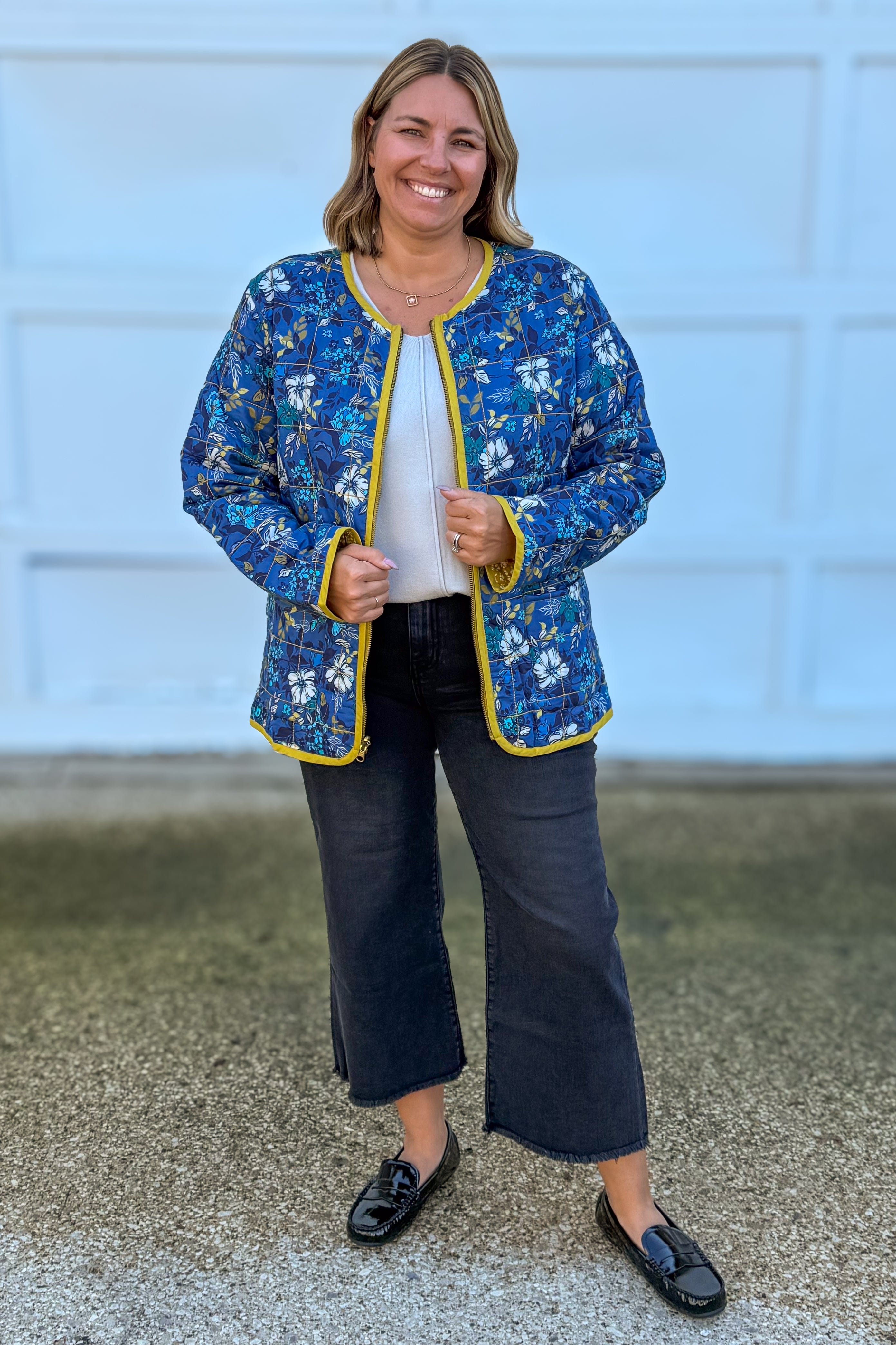Blue Floral Reversible Quilted Jacket Styled