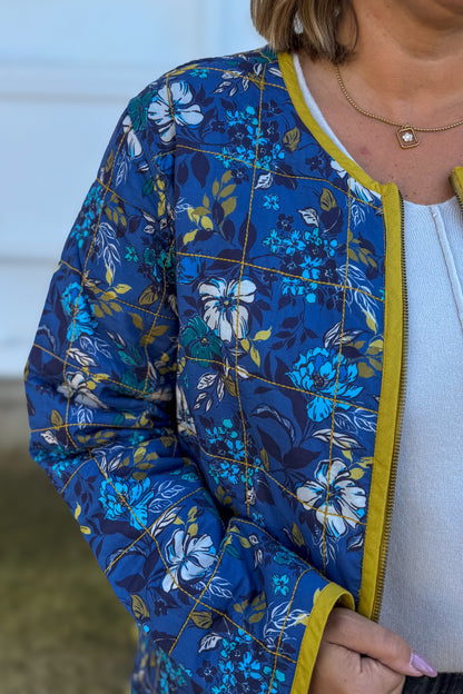 Blue Floral Reversible Quilted Jacket Detailed